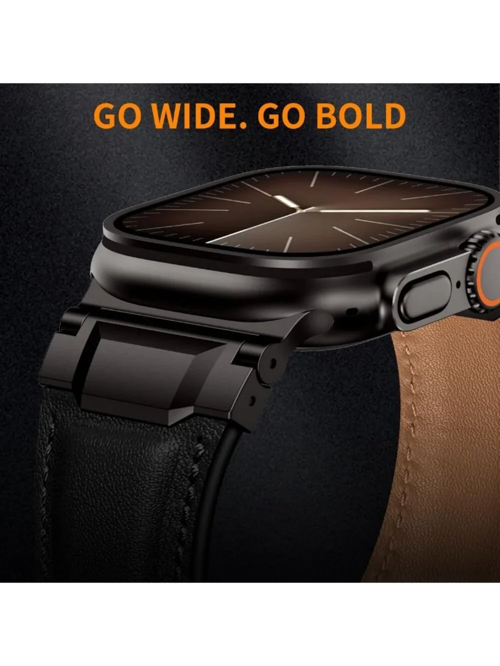 Genuine Leather Apple Watch Band for Men, 49mm-42mm, Metal Connector, Black